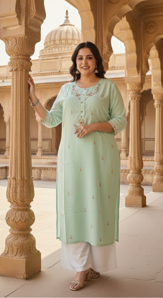 Mint Green Floral Embroidered Straight Kurta