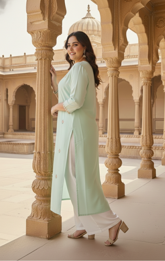 Mint Green Floral Embroidered Straight Kurta