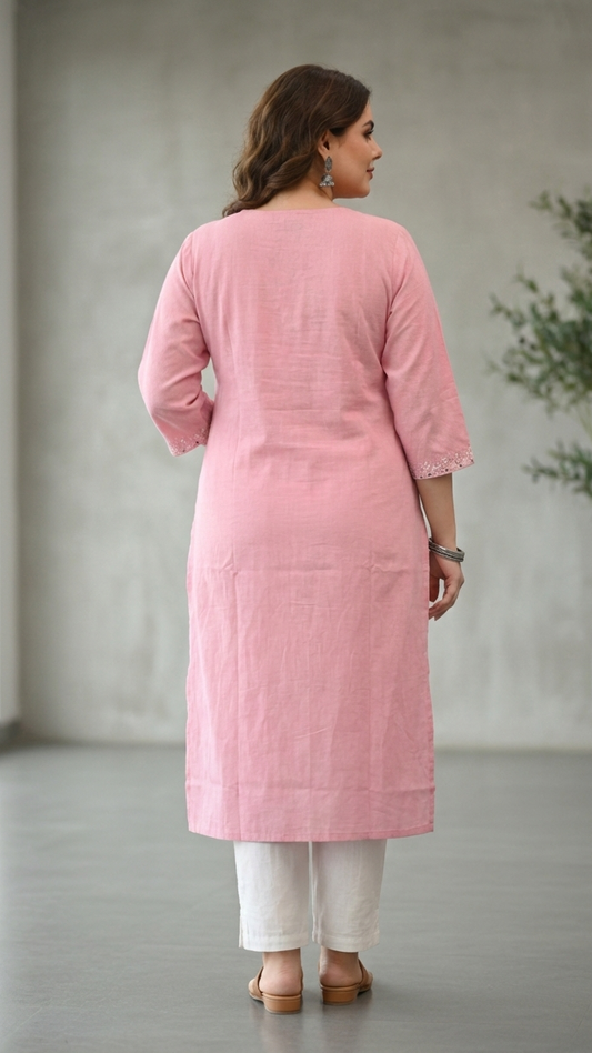 Women’s Pink Cotton Embroidered Straight Kurta