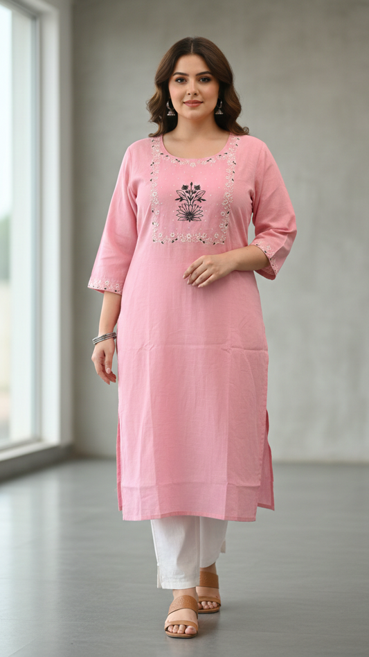 Women’s Pink Cotton Embroidered Straight Kurta
