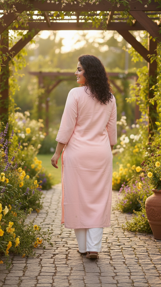 Women’s Peach Cotton Embroidered Kurta