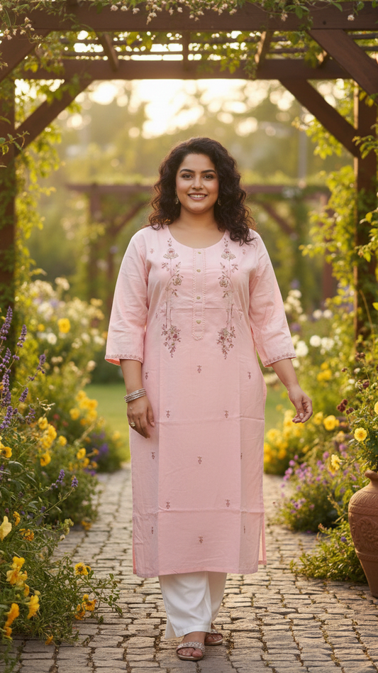 Women’s Peach Cotton Embroidered Kurta