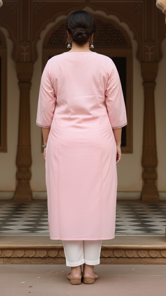 Women’s Blush Pink Cotton Embroidered Kurta
