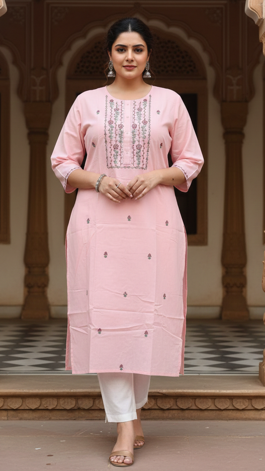 Women’s Blush Pink Cotton Embroidered Kurta