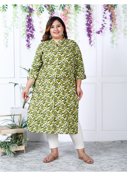 Women Printed Cotton Blend A-line Kurta (100004-Green)