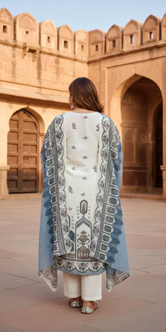 Elegant Ivory & Blue Printed Kurta Set with Dupatta – Festive Ethnic Wear