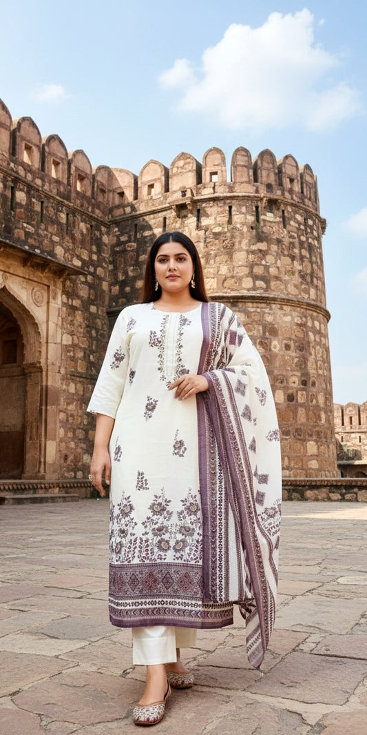 Ivory Floral Printed Kurta Set with Dupatta | Elegant Ethnic Wear for Women