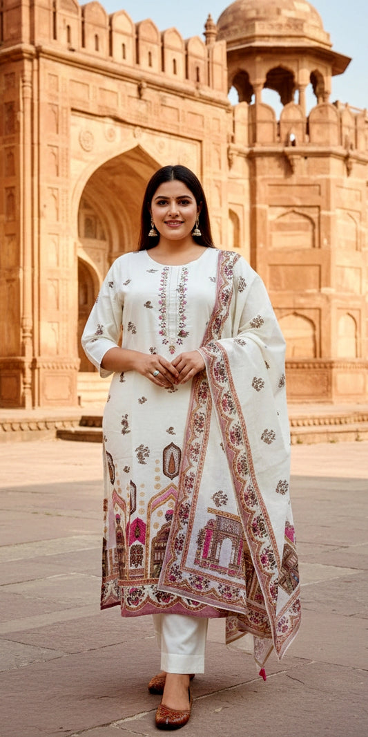 Ivory Heritage Print Kurta Set with Dupatta | Elegant Festive Wear for Women