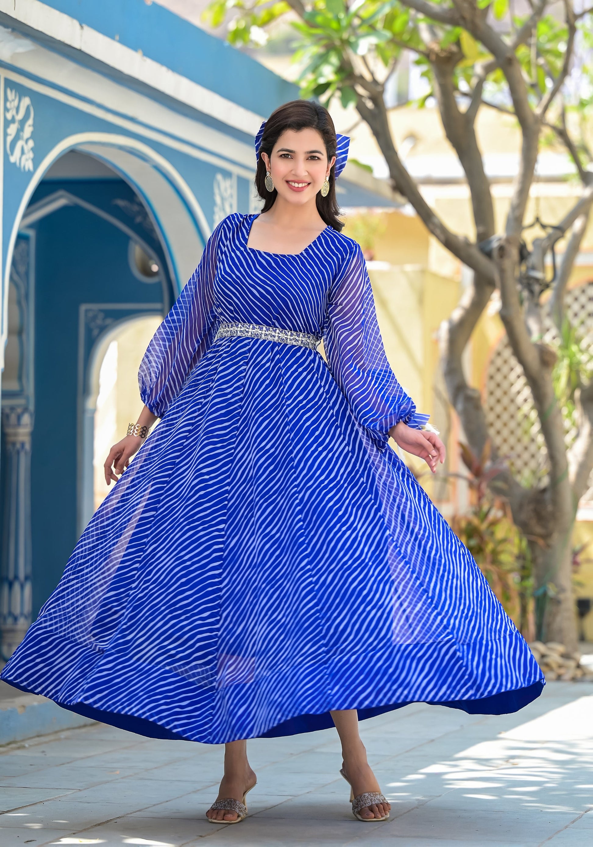 Blue Leheriya anarkali gown | | Shop stylish women's clothing online at Label Flavia |