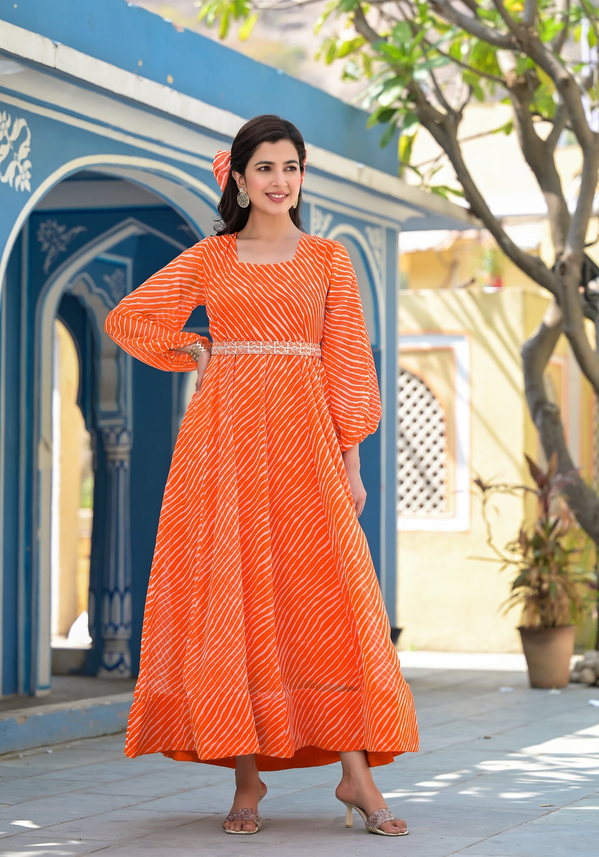 Orange Leheriya anarkali gown | | Shop stylish women's clothing online at Label Flavia |