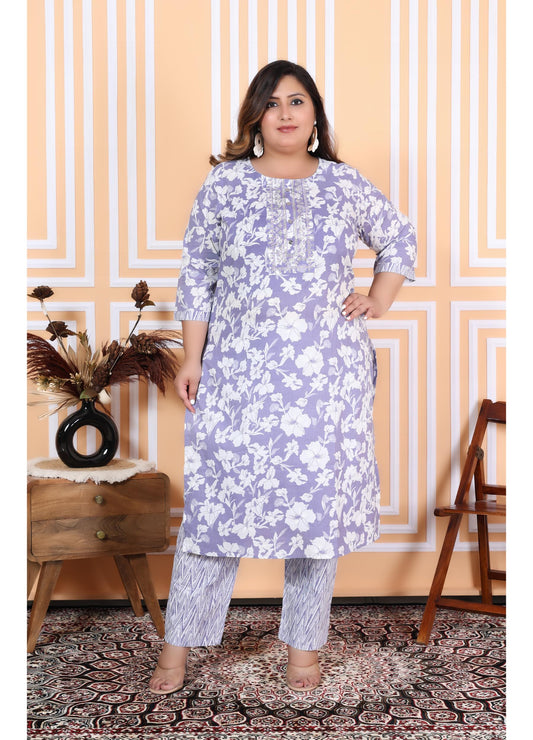 Purple Cotton Printed Embroidered Kurta With Pant Set (100009-Purple)
