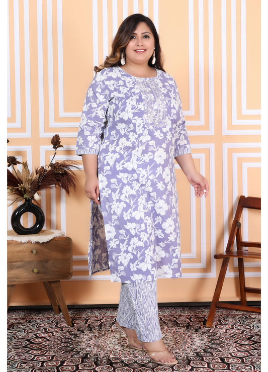 Purple Cotton Printed Embroidered Kurta With Pant Set (100009-Purple)