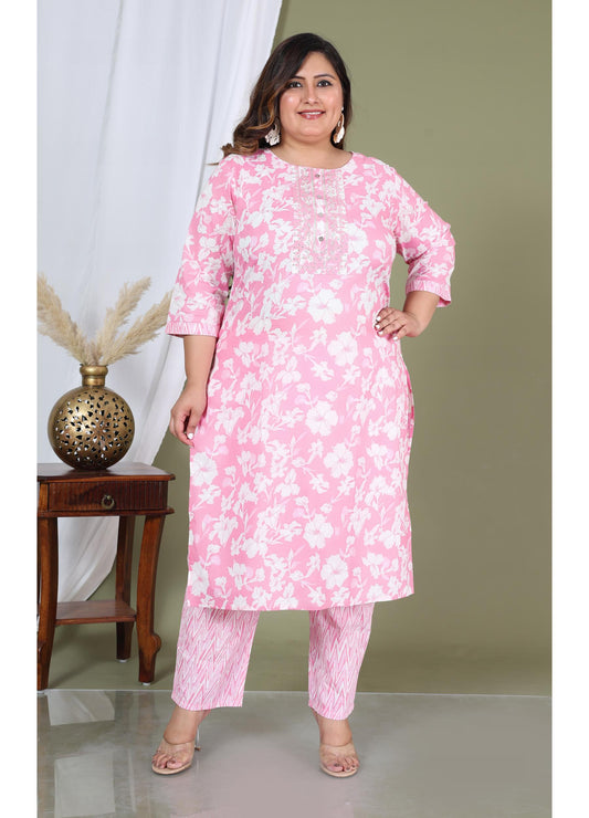 Pink Cotton Printed Embroidered Kurta With Pant Set (100008-Pink)