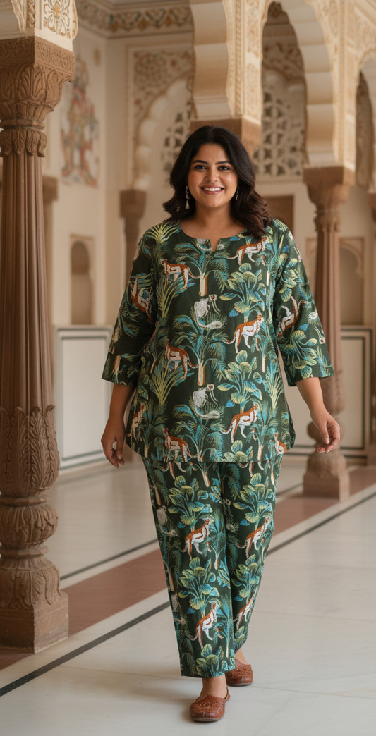 Plus Size Green Jungle Cotton Co-ord Set – Comfortable Everyday Wear for Women