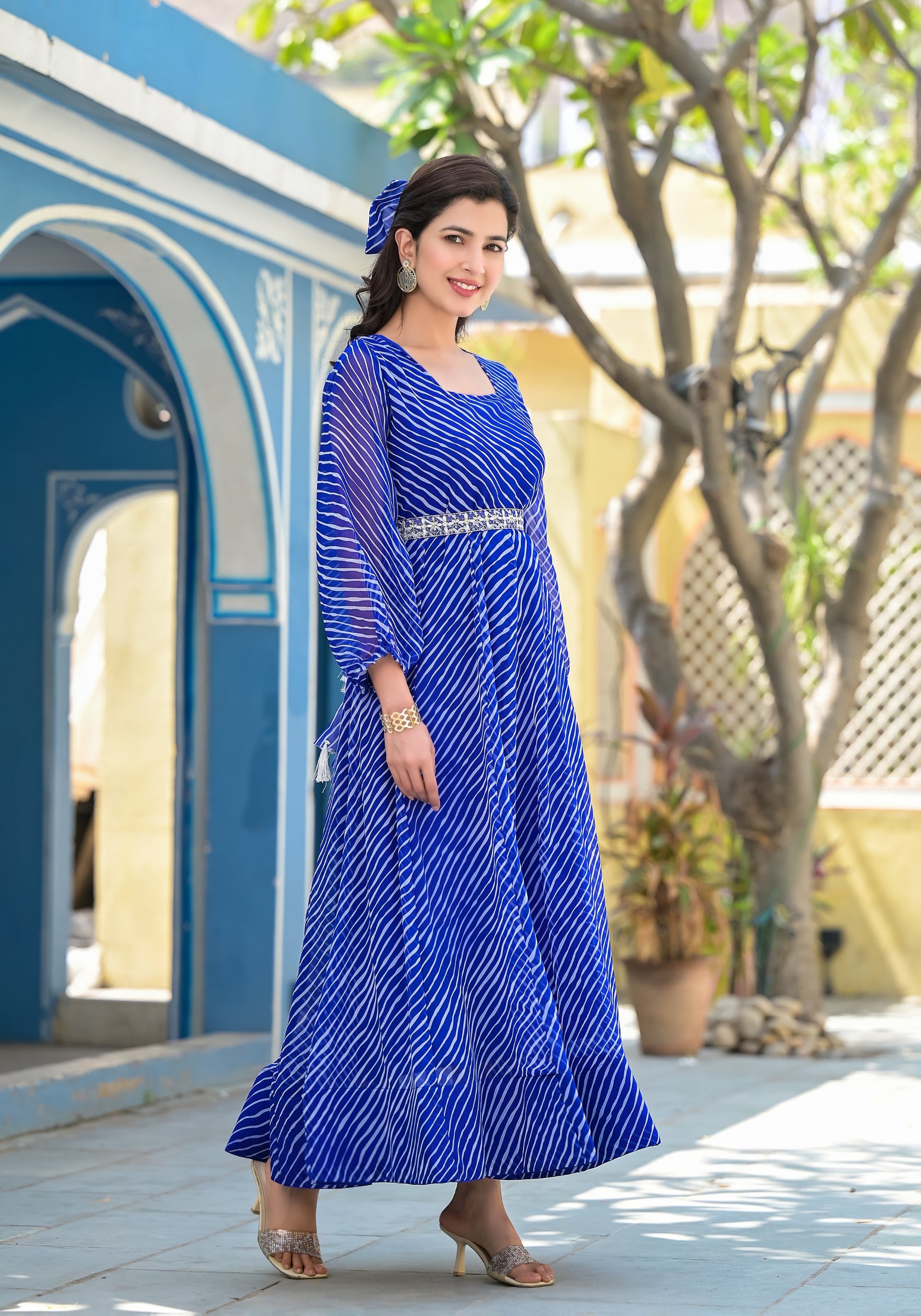 Blue Leheriya anarkali gown | | Shop stylish women's clothing online at Label Flavia |