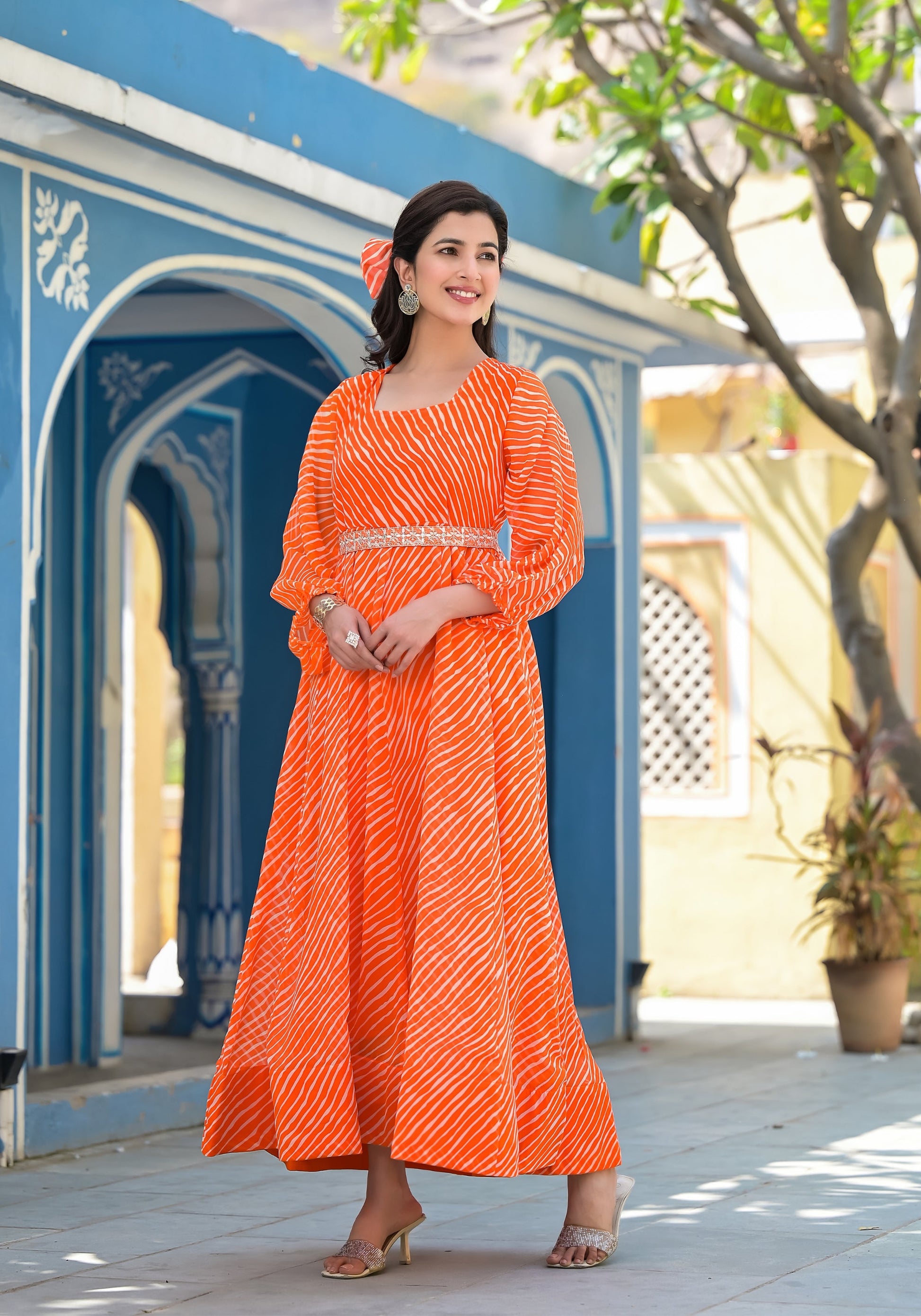 Orange Leheriya anarkali gown | | Shop stylish women's clothing online at Label Flavia |