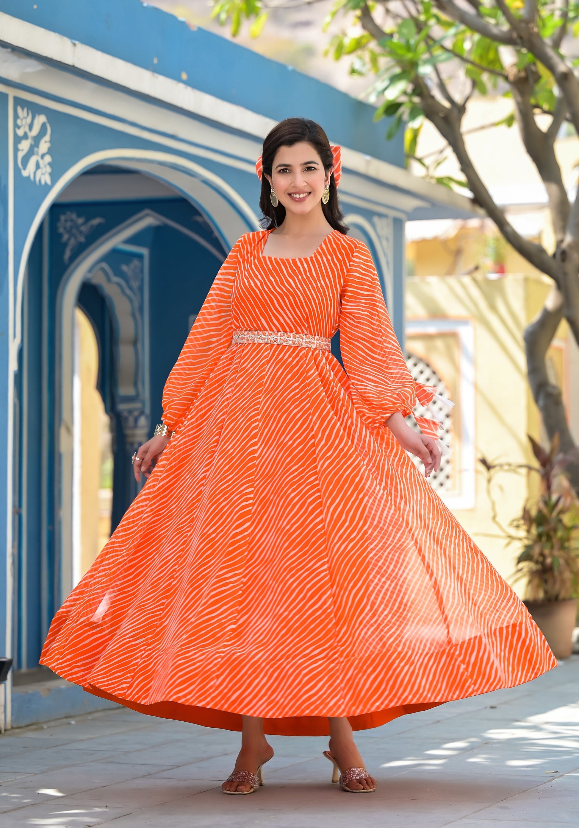 Orange Leheriya anarkali gown | | Shop stylish women's clothing online at Label Flavia |