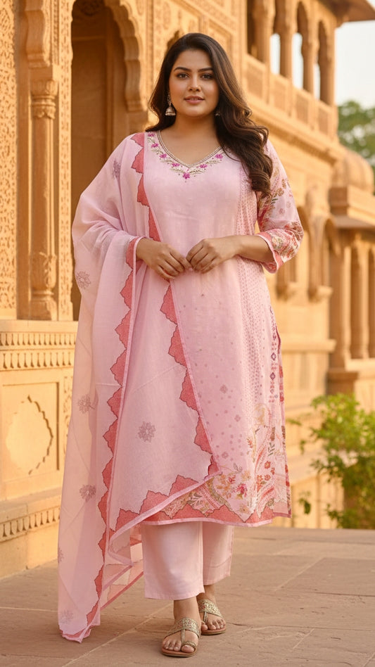 Women’s Light Pink Printed Kurta Pant Set with Dupatta | Elegant Festive Ethnic Suit Set