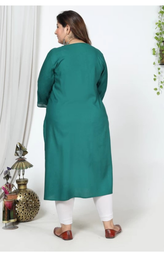 Women Embroidered Cotton Blend Straight Kurta (100011-Green)