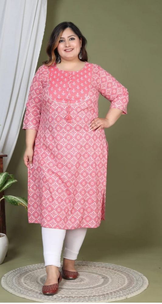 Women Printed Cotton Straight Kurta (100012-Pink)