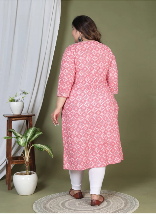 Women Printed Cotton Straight Kurta (100012-Pink)