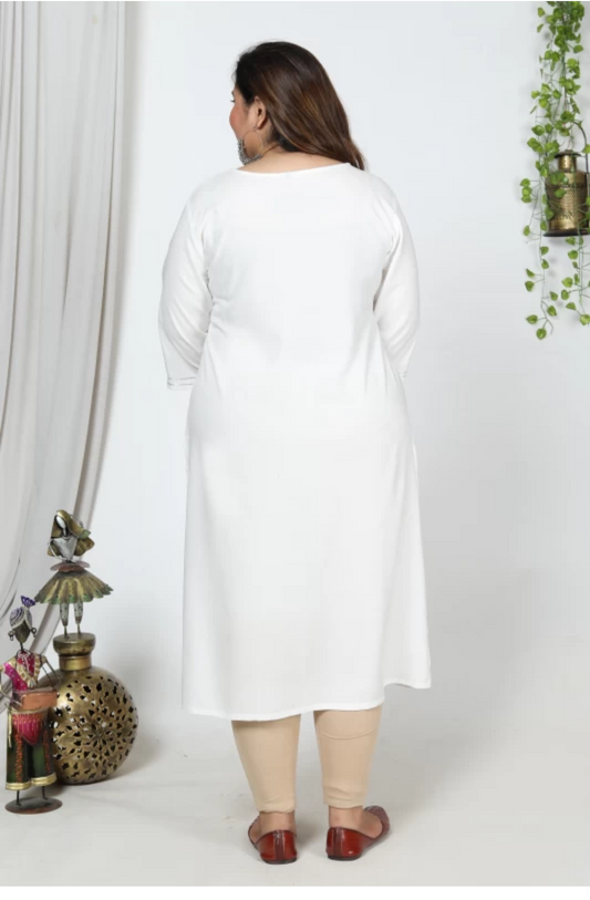 Women Embroidered Cotton Blend Straight Kurta (100017-White)