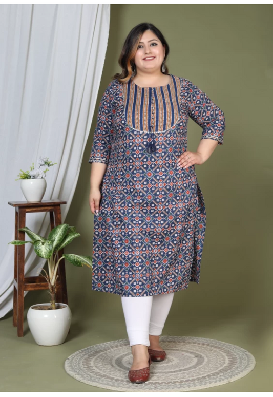 Women Printed Cotton Straight Kurta (100018-Blue)