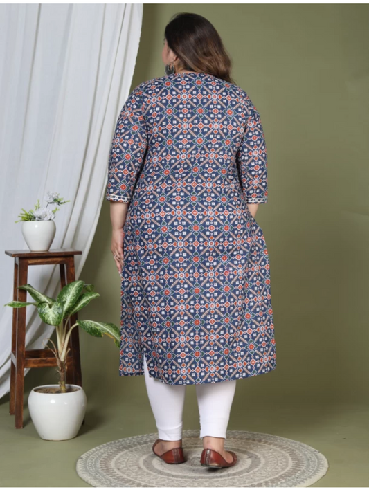 Women Printed Cotton Straight Kurta (100018-Blue)