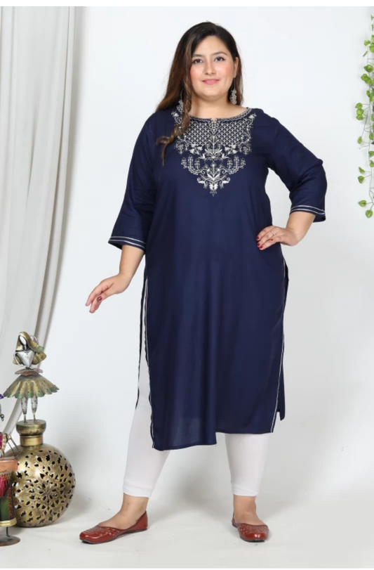 Women Embroidered Cotton Blend Straight Kurta (100010-Blue)