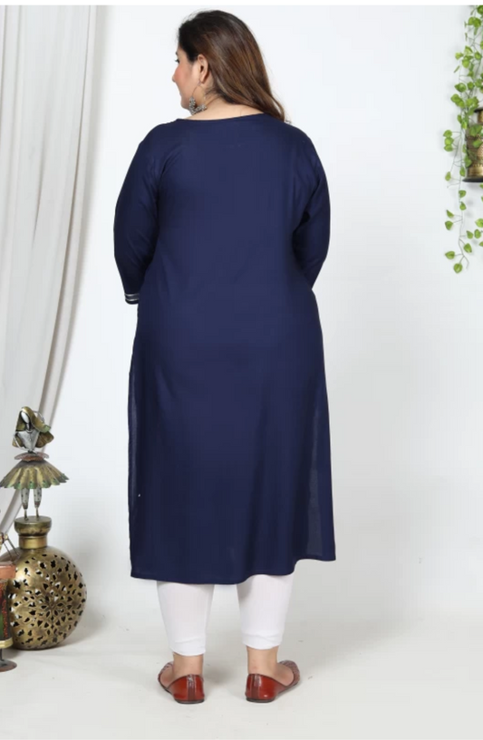 Women Embroidered Cotton Blend Straight Kurta (100010-Blue)