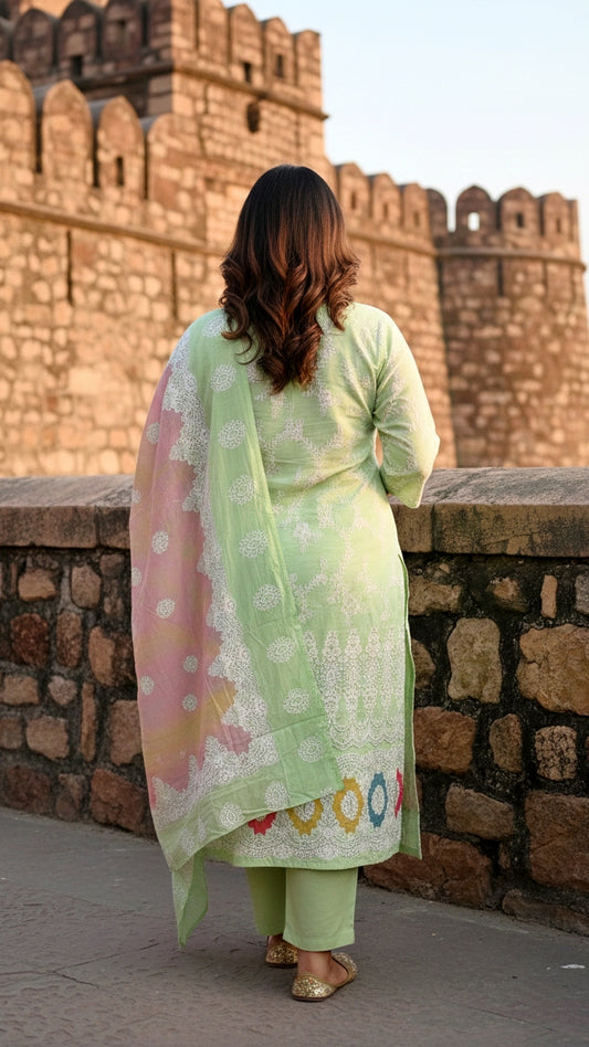 Women’s Mint Green Printed Kurta Pant Set with Dupatta | Elegant Festive Ethnic Suit Set