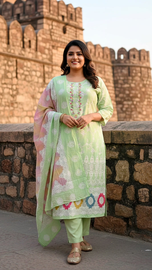 Women’s Mint Green Printed Kurta Pant Set with Dupatta | Elegant Festive Ethnic Suit Set