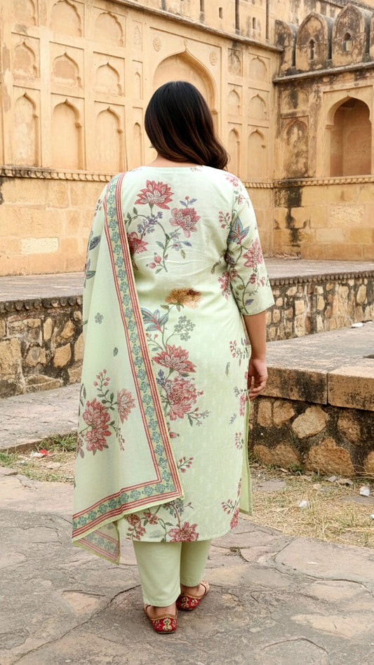 Women’s Pastel Green Floral Printed Kurta Pant Set with Dupatta | Elegant Ethnic Festive Suit Set