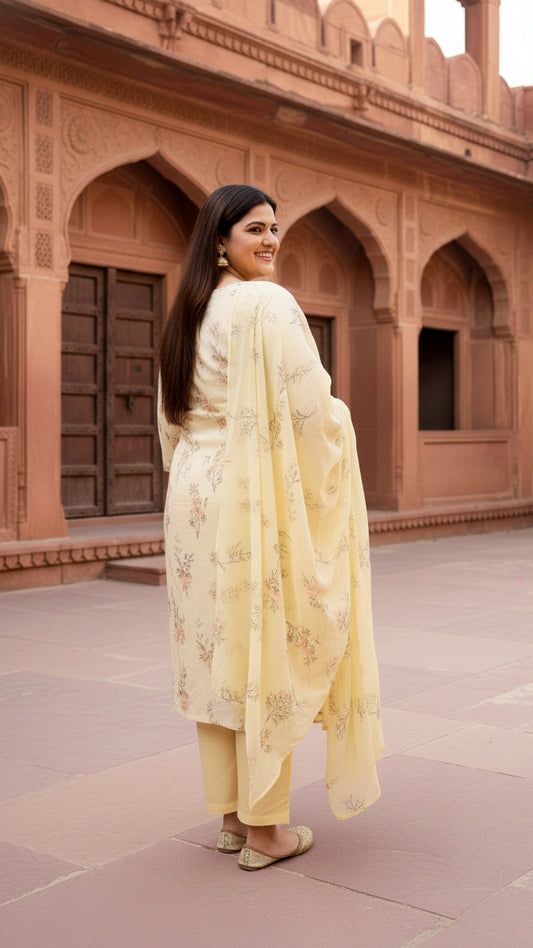 Women’s Pastel Yellow Floral Printed Kurta Pant Set with Dupatta | Elegant Festive Ethnic Suit Set