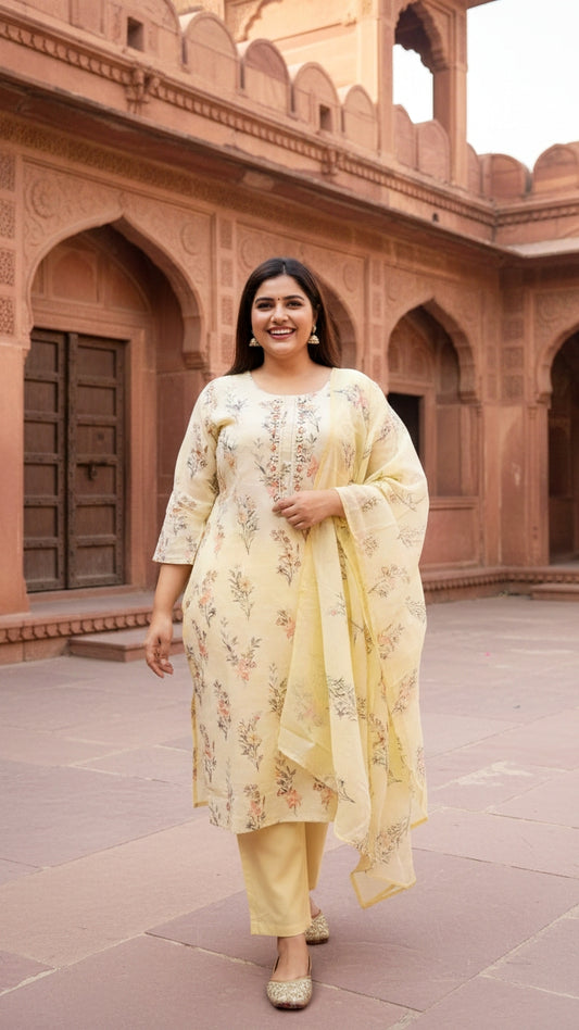 Women’s Pastel Yellow Floral Printed Kurta Pant Set with Dupatta | Elegant Festive Ethnic Suit Set