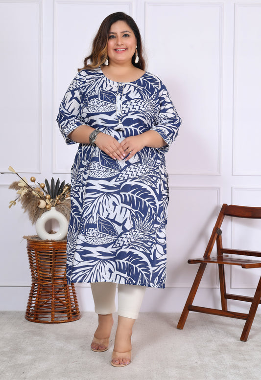 Women Printed Cotton Straight Kurta (B01-Blue)