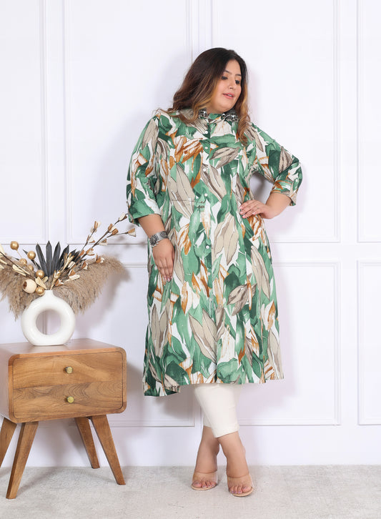 Women Printed Cotton A-line Kurta (B03-Green)