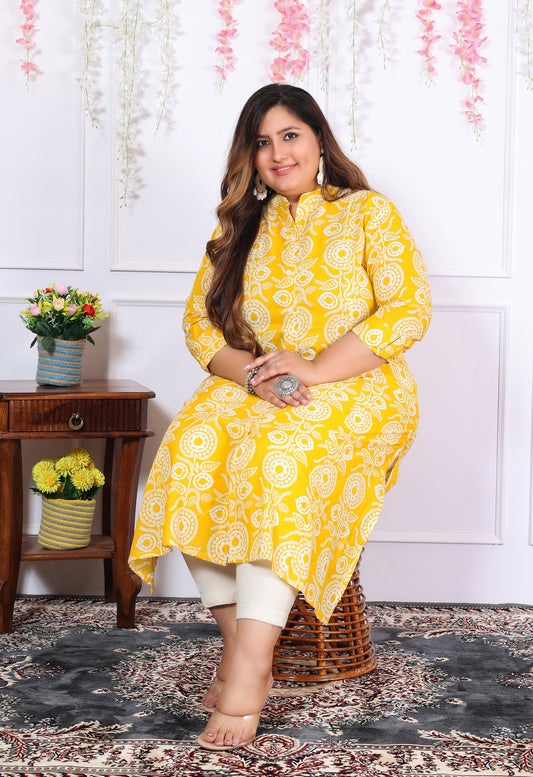 Women Printed Cotton A-line Kurta (B06-Yellow)
