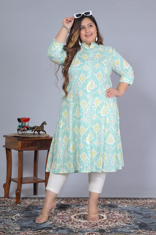 Women Printed Cotton A-line Kurta (B07-Green)