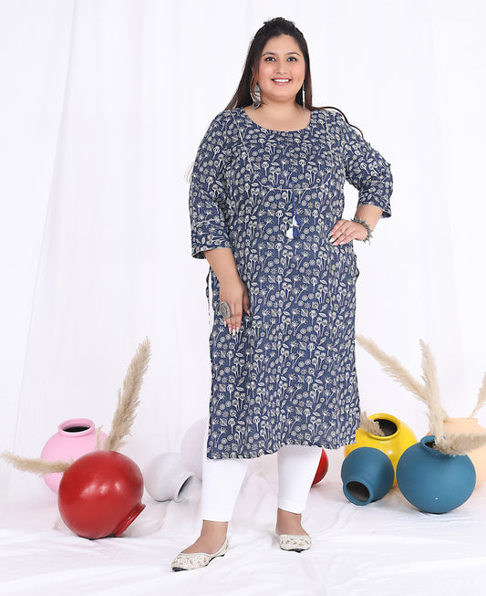 Women Printed Cotton Straight Kurta (B08-Blue)