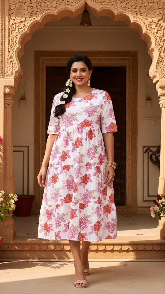 White & Pink Floral Print Plus Size Summer Tiered Dress