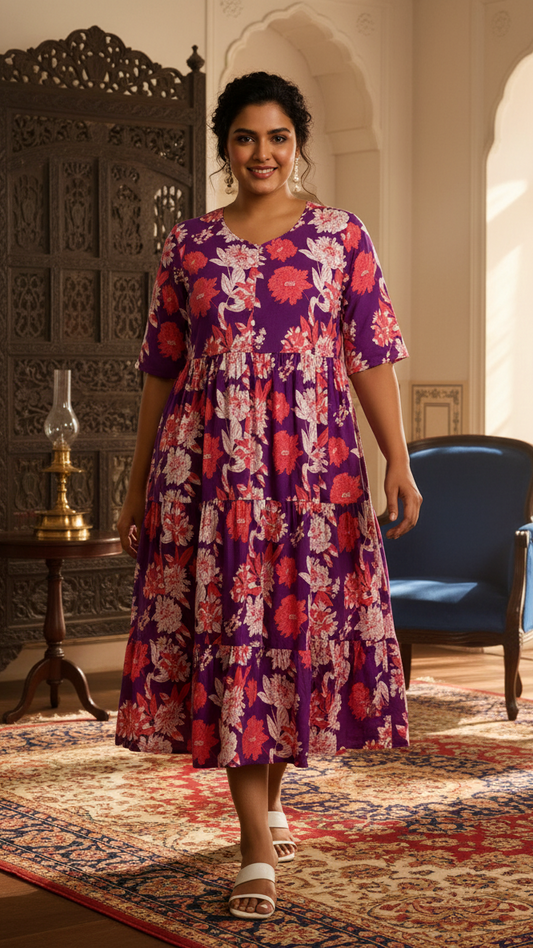 Plus Size Purple & Coral Large Floral Print Tiered Midi Dress