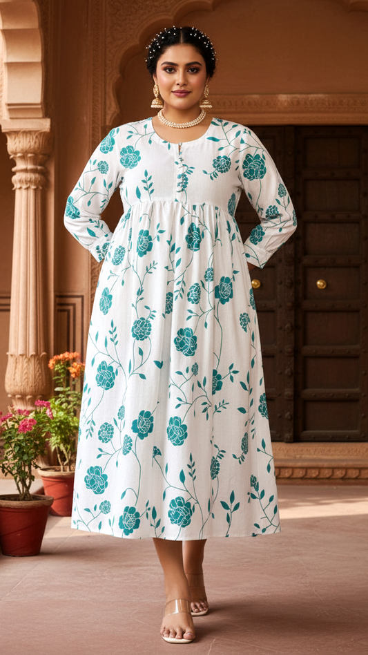 Plus Size White & Teal Long Sleeve Floral Cotton Dress