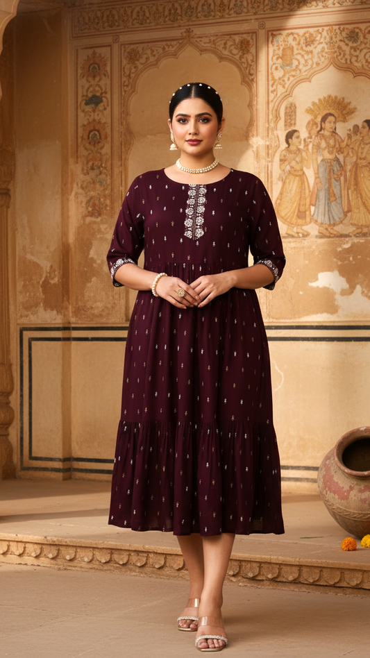 Deep Plum Embroidered Yoke Plus Size Tiered Dress