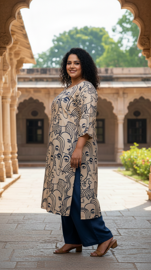 Artistic Line-Art Print Cotton Plus Size Kurta