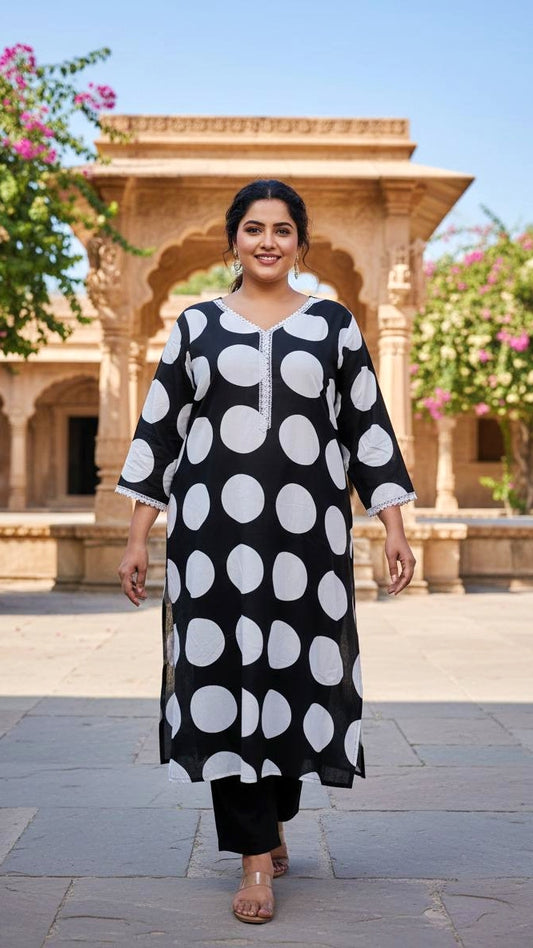 Dotted Black & White Plus Size Cotton Kurta