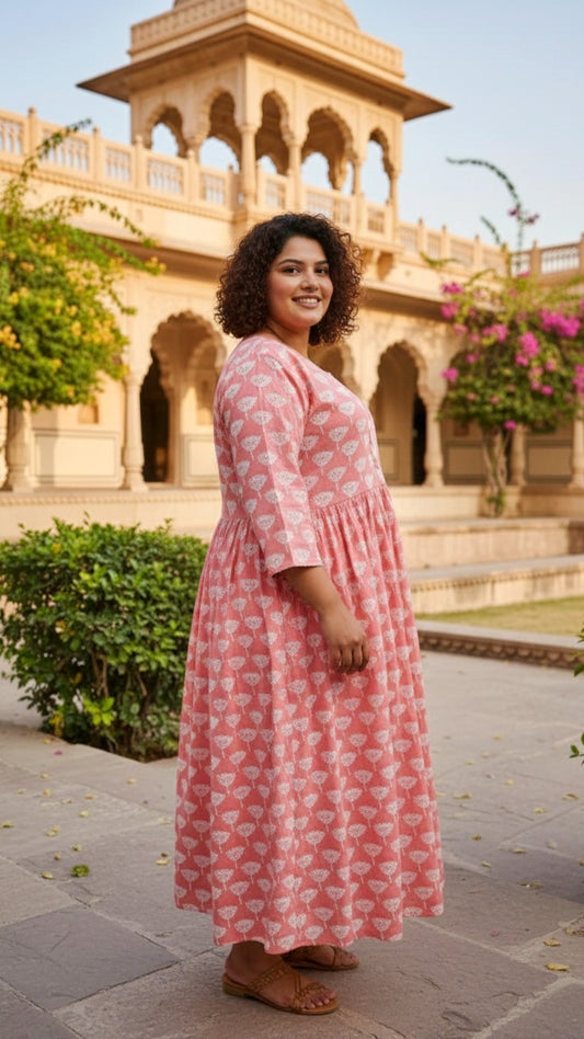 Plus Size Cotton Pink Printed Gown