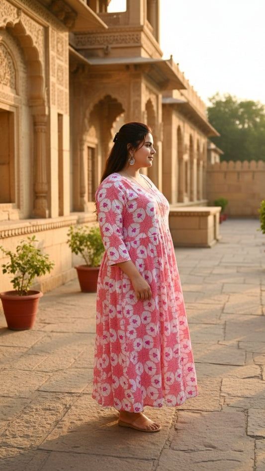 Plus Size Cotton Pink Abstract Printed Gown