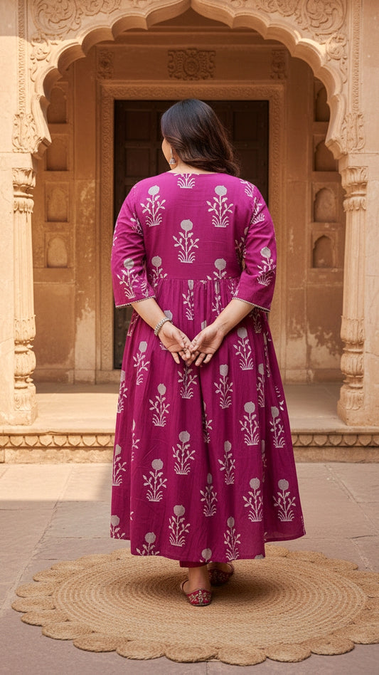 Plus Size Cotton Burgundy Floral Printed Gown