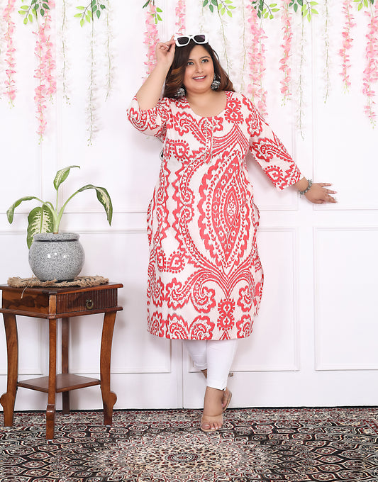 Women Printed Cotton Straight Kurta (B12-Red)